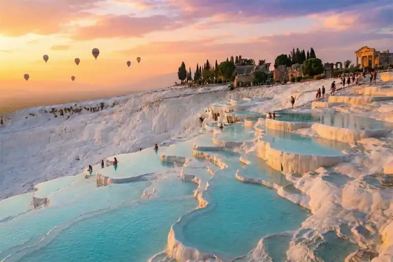 Sunset view of Pamukkale white travertine terraces and turquoise thermal pools in Turkey with hot air balloons floating above.