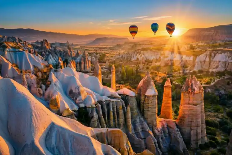 Cappadocia Travel Guide for First-Time Visitors 1 Scenic sunrise over fairy chimneys and hot air balloons for private Cappadocia tour from Istanbul
