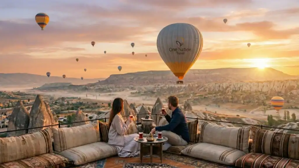 Couple watching sunrise hot air balloons in Cappadocia during one of our exclusive Turkey Tours from USA packages.