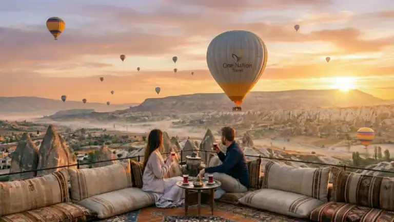 Couple watching sunrise hot air balloons in Cappadocia during one of our exclusive Turkey Tours from USA packages.