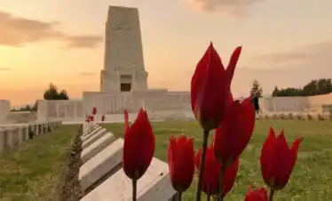 Close-up of vibrant red tulips in focus, with rows of white marble graves leading to the large stone Lone Pine Memorial under an orange sunset sky at Gallipoli.
