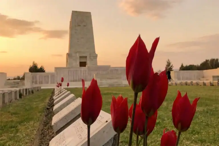 Close-up of vibrant red tulips in focus, with rows of white marble graves leading to the large stone Lone Pine Memorial under an orange sunset sky at Gallipoli.
