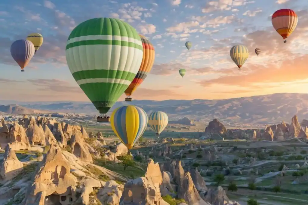 A striking green and white hot air balloon glides over the iconic fairy chimneys of Cappadocia, Turkey, against a beautiful sunrise sky dotted with soft clouds during a morning flight.