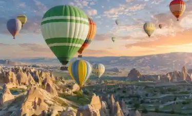 A striking green and white hot air balloon glides over the iconic fairy chimneys of Cappadocia, Turkey, against a beautiful sunrise sky dotted with soft clouds during a morning flight.