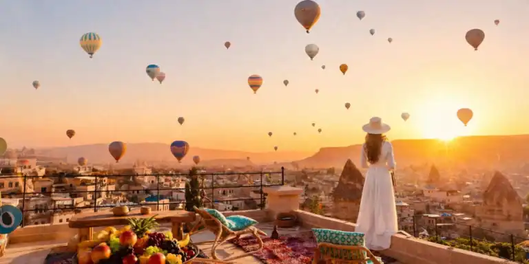 How to Get to Cappadocia from Izmir: Flights, Buses & Tips 2 Woman in white dress watching sunrise over Cappadocia with hot air balloons from a rooftop terrace