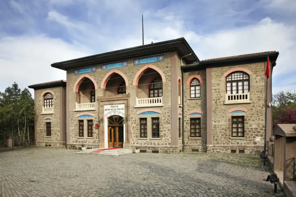Museum of the Republic in Ankara, Turkey with stone facade, Ottoman arches, and historic parliament architecture
