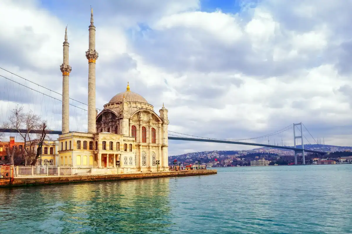 Ortaköy Mosque Istanbul beside Bosphorus Bridge with waterfront view, historic Ottoman architecture and blue water skyline