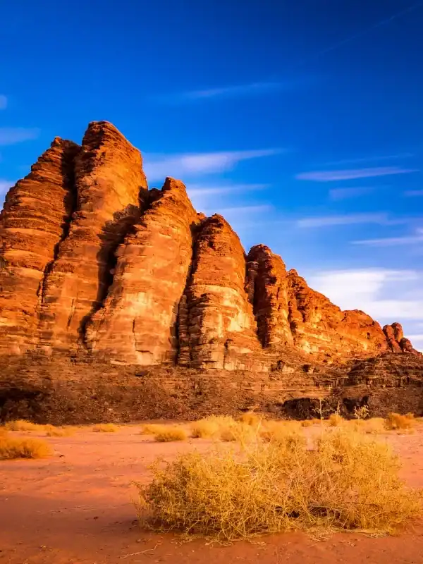Towering red sandstone cliffs and dry shrubs glow beneath a deep blue sky in the Wadi Rum desert, Jordan