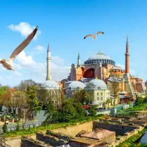 Hagia Sophia in Istanbul with domes, minarets, ancient ruins, and seagulls under a bright blue sky, historic landmark