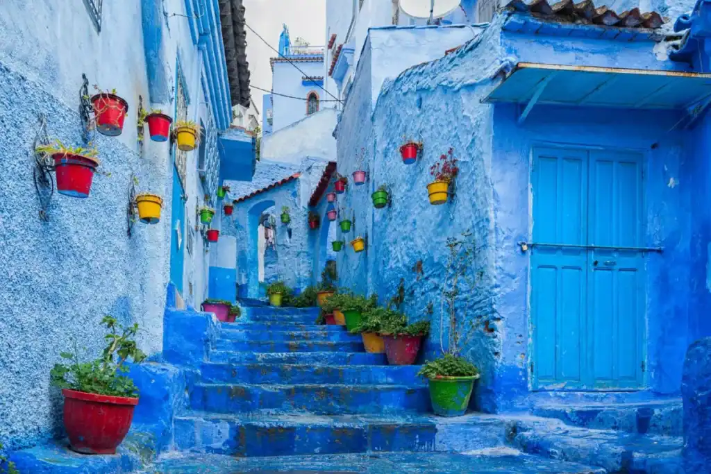 A narrow blue-painted street with stairs, colorful flower pots, and traditional doors in Chefchaouen, Morocco.