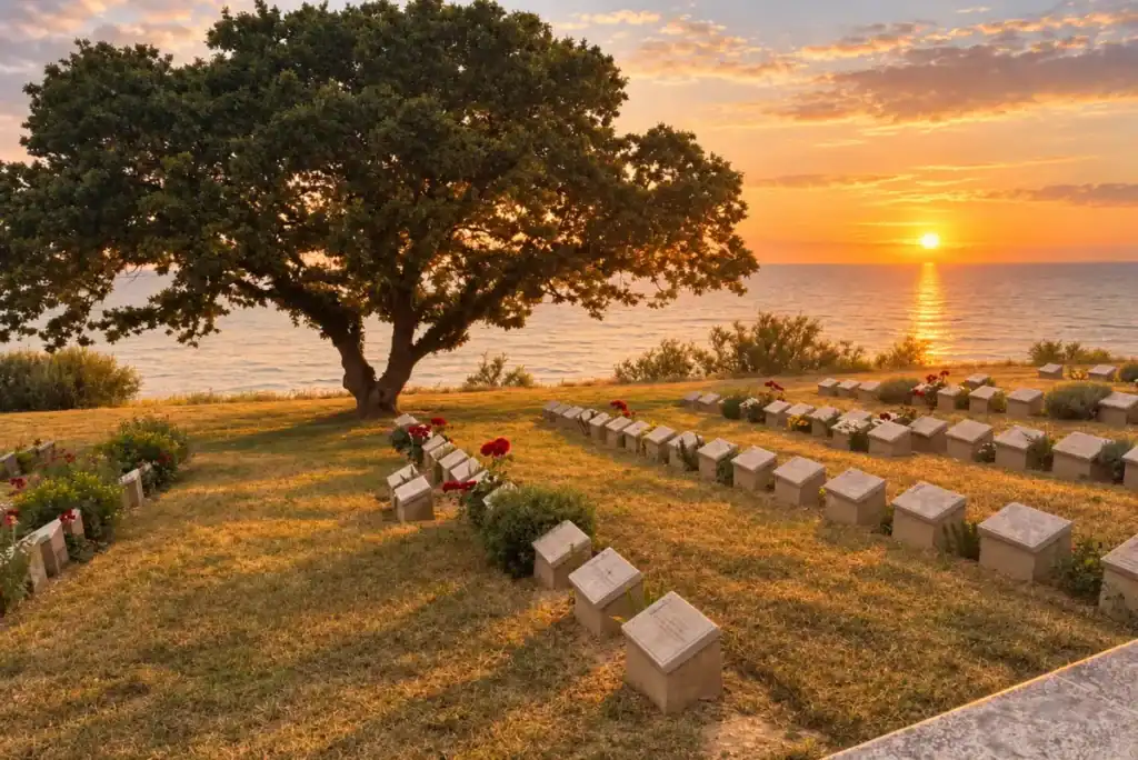 Seaside memorial cemetery at sunset, with flower-lined graves beneath a large tree overlooking the calm sea.